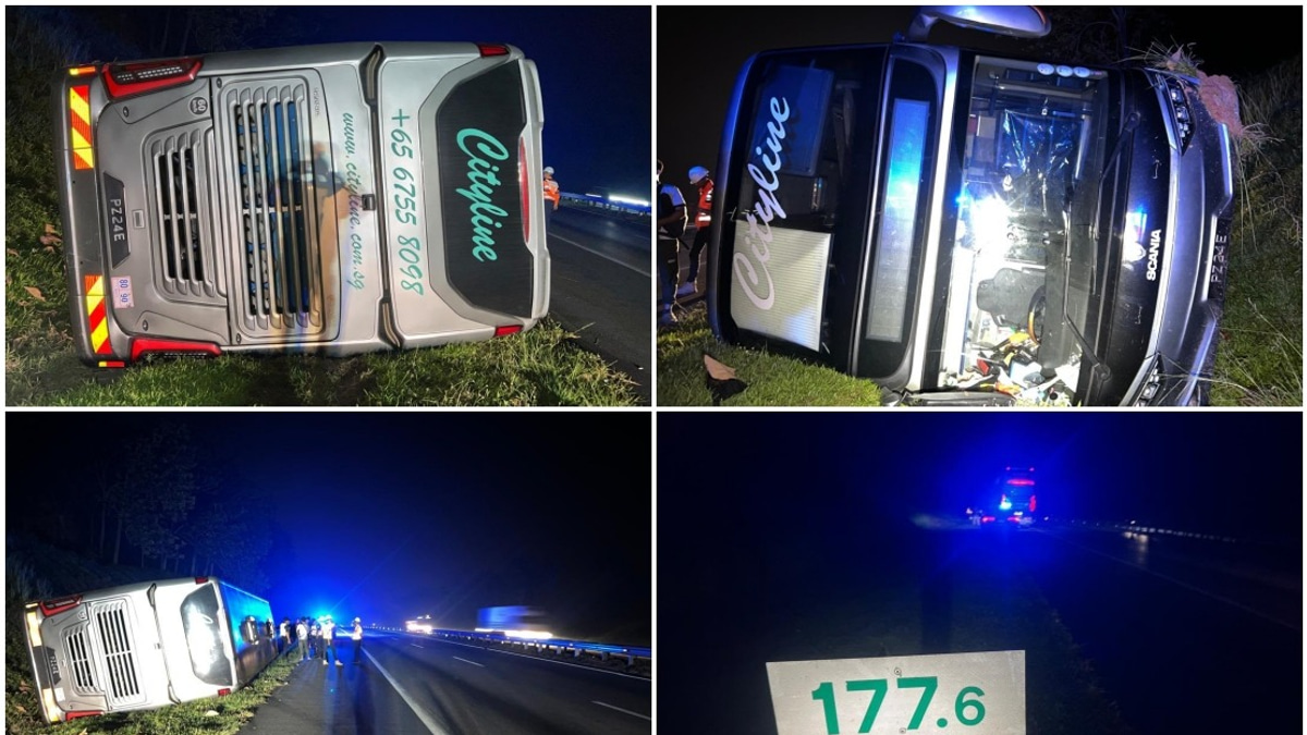 Three Injured After Tour Bus Overturns on North-South Expressway in Jasin