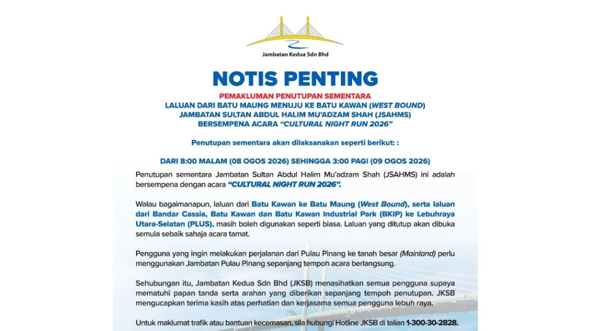 Second Penang Bridge's Batu Maung–Batu Kawan Carriageway To Close for Cultural Night Run 2026