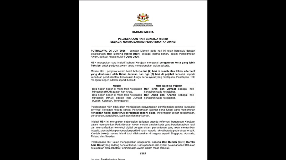 Malaysia's Public Service to Shift to Hybrid Work Model from August 1