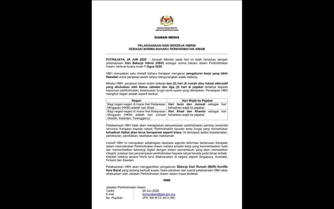 Malaysia's Public Service to Shift to Hybrid Work Model from August 1